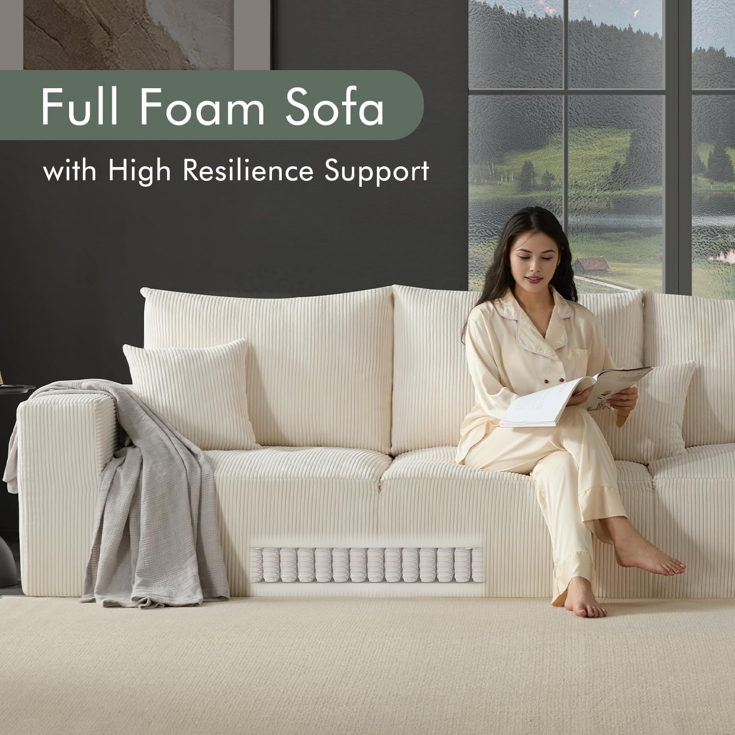 Gericco 113" Modular Sectional Couch, Cloud Sofa with Deep Seats, Upholstered Corduroy U-Shaped Sleeper Sofa with Chaise, 3-Seater Couches for Living Room, No Assembly Required, Beige