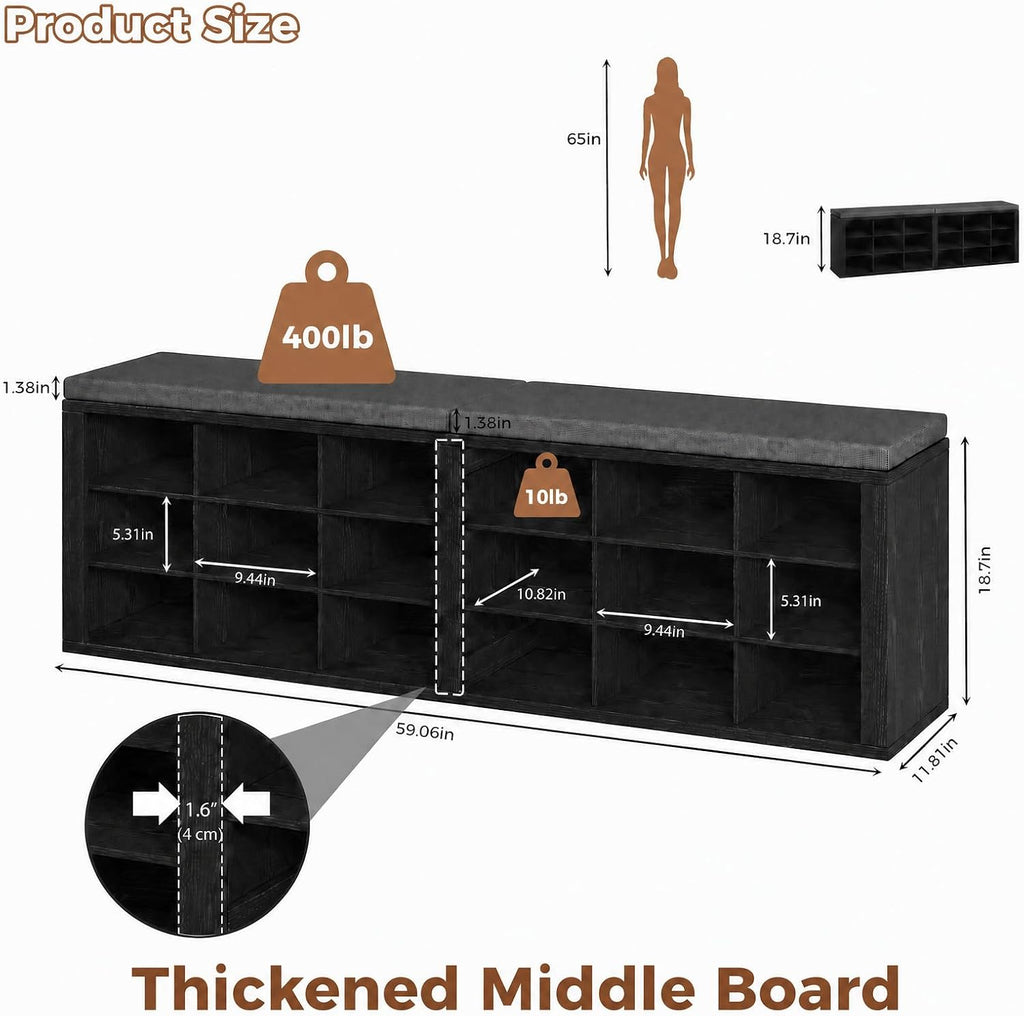 AMONIDA Shoe Storage Bench with Cushion, Entryway Bench with Shoe Storage,18 Cubby Shoe Bench with Removable Dividers, Shoe Organizer Bench for Entryway, Living Room, Light Grey (18, Black)