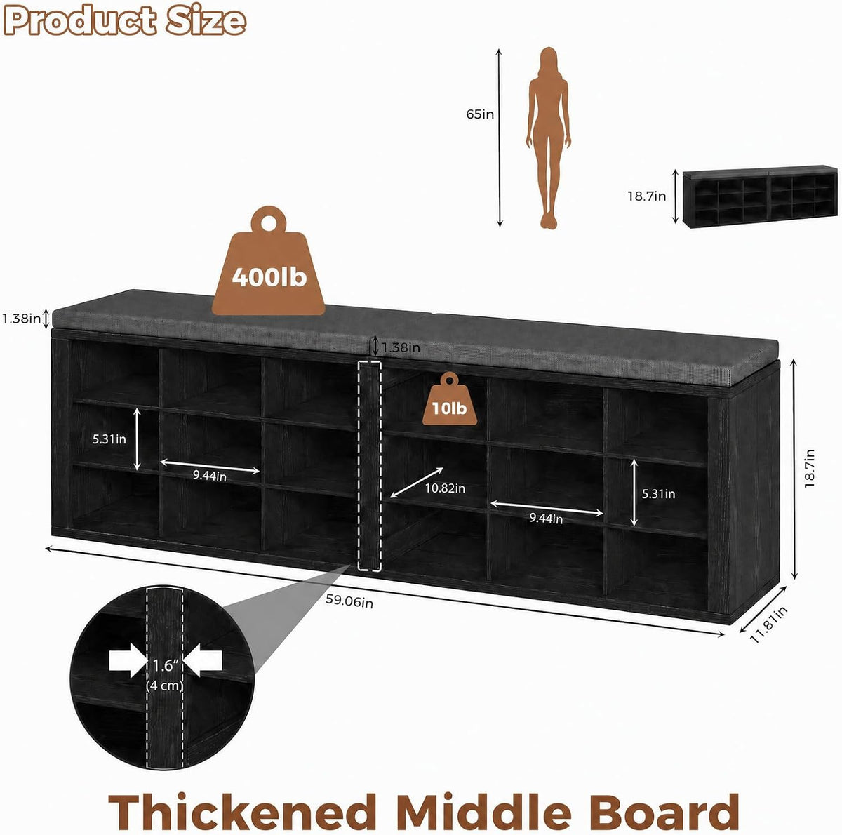 AMONIDA Shoe Storage Bench with Cushion, Entryway Bench with Shoe Storage,18 Cubby Shoe Bench with Removable Dividers, Shoe Organizer Bench for Entryway, Living Room, Light Grey (18, Black)