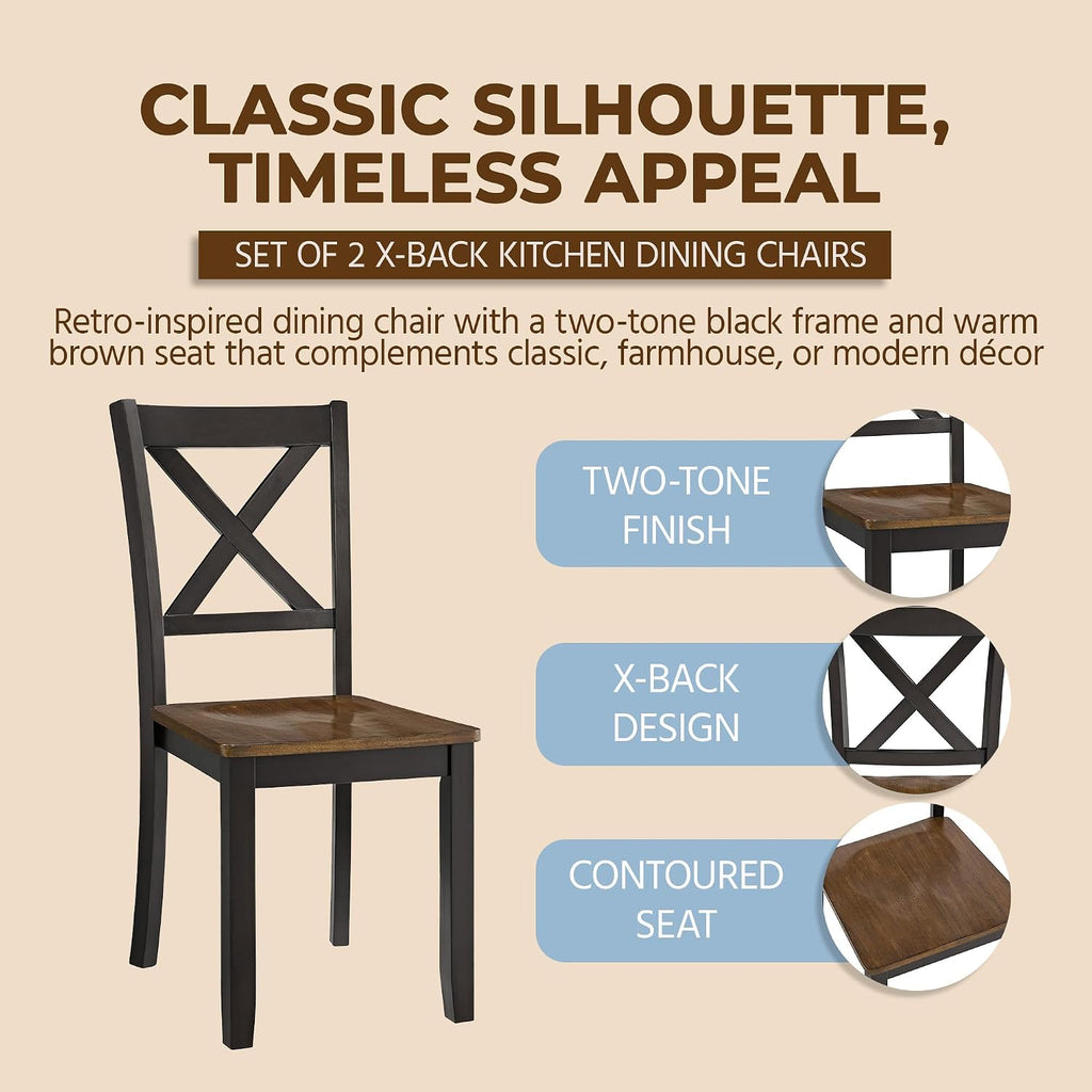 ROME + OAK X-Back Farmhouse Wooden Armless Dining Chairs in Black/Dark Brown, Set of 4 - Indoor Home Kitchen Seating Furniture