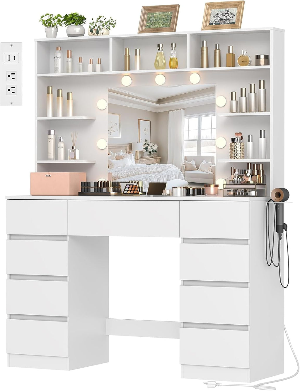 Vanity Desk with Mirror and Lights,43" Makeup Vanity Table with 9 Drawers and 7 Storage Shelves, Power Outlet & Adjustable LED Lights, Dressing Table for Bedroom，White