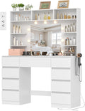 Vanity Desk with Mirror and Lights,43" Makeup Vanity Table with 9 Drawers and 7 Storage Shelves, Power Outlet & Adjustable LED Lights, Dressing Table for Bedroom，White