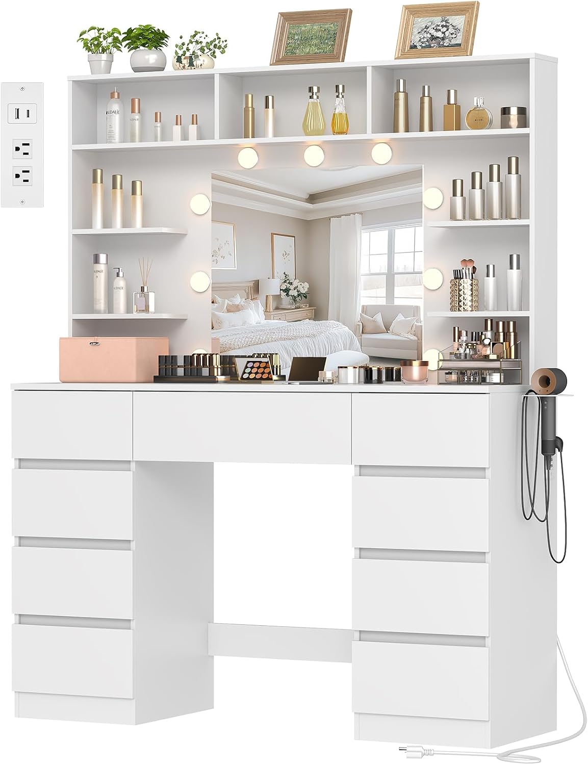 Vanity Desk with Mirror and Lights,43" Makeup Vanity Table with 9 Drawers and 7 Storage Shelves, Power Outlet & Adjustable LED Lights, Dressing Table for Bedroom，White