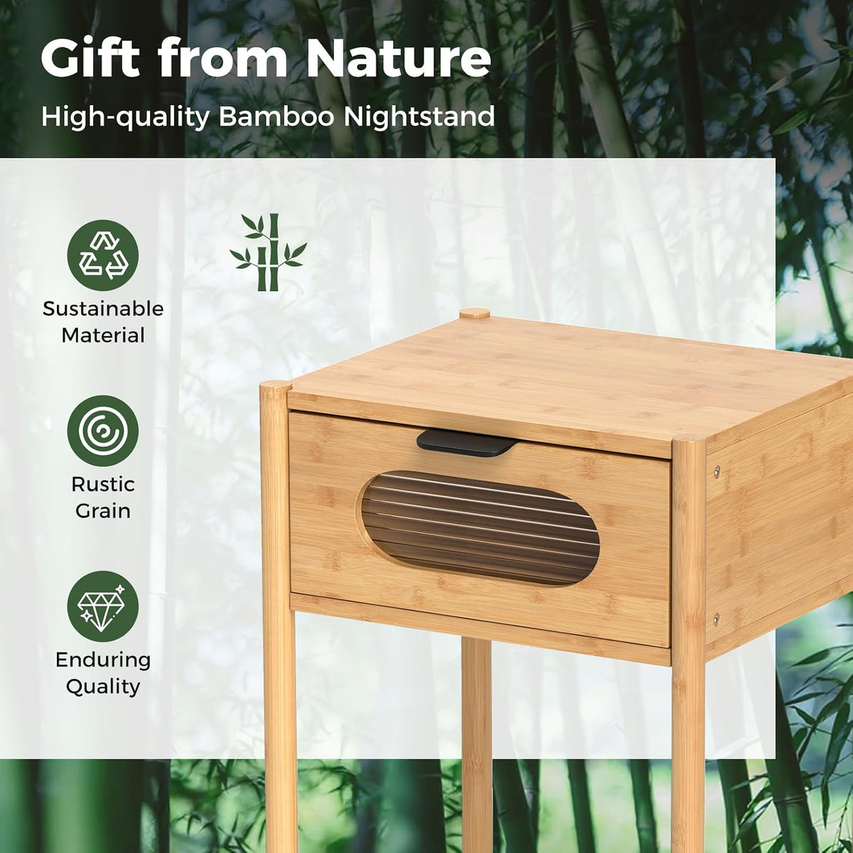 Giantex Bamboo Nightstand Set of 2, Mid Century Modern Bedside Table with Tempered Glass Decorated Drawer, Boho End Table for Bedroom, Living Room and Small Spaces, 16" L x 16" W x 20" H, Natural