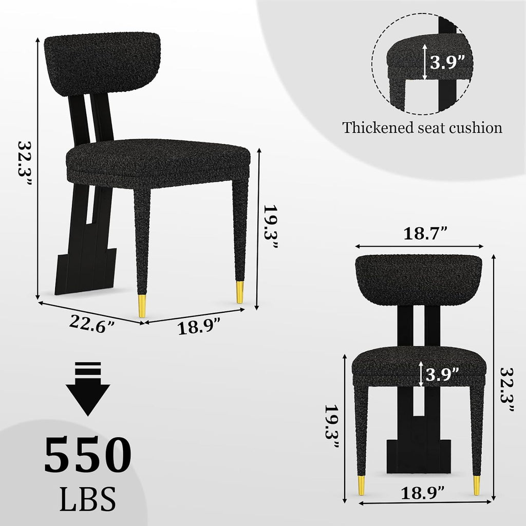 Black and Gold Dining Chairs Set of 4, Mid Century Upholstered Dining Room Chairs with Curved Backrest and Stainless Steel Legs, Luxury Modern Boucle Dining Chairs for Kitchen, Living Room