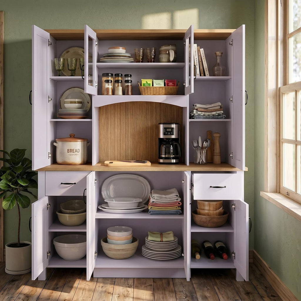 Timechee 78.7" Tall Farmhouse Kitchen Pantry Storage Cabinet, Kitchen Cupboard with Storage Drawers, Large Buffet Sideboard Cabinet with Doors and Adjustable Shelves for Dining Room, White & Oak