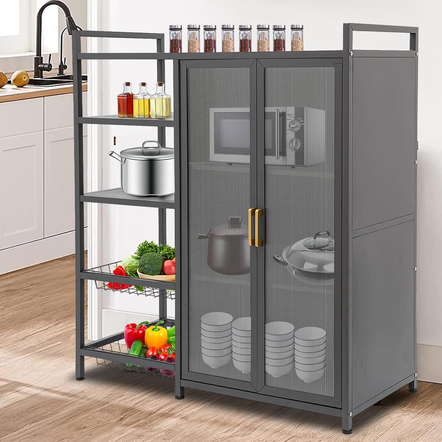 Kitchen Pantry Cabinet with Clear Doors, Metal Sideboard with Open Storage Shelf and Baskets Floor-Standing Organizer for Dining Room Living Room Bar