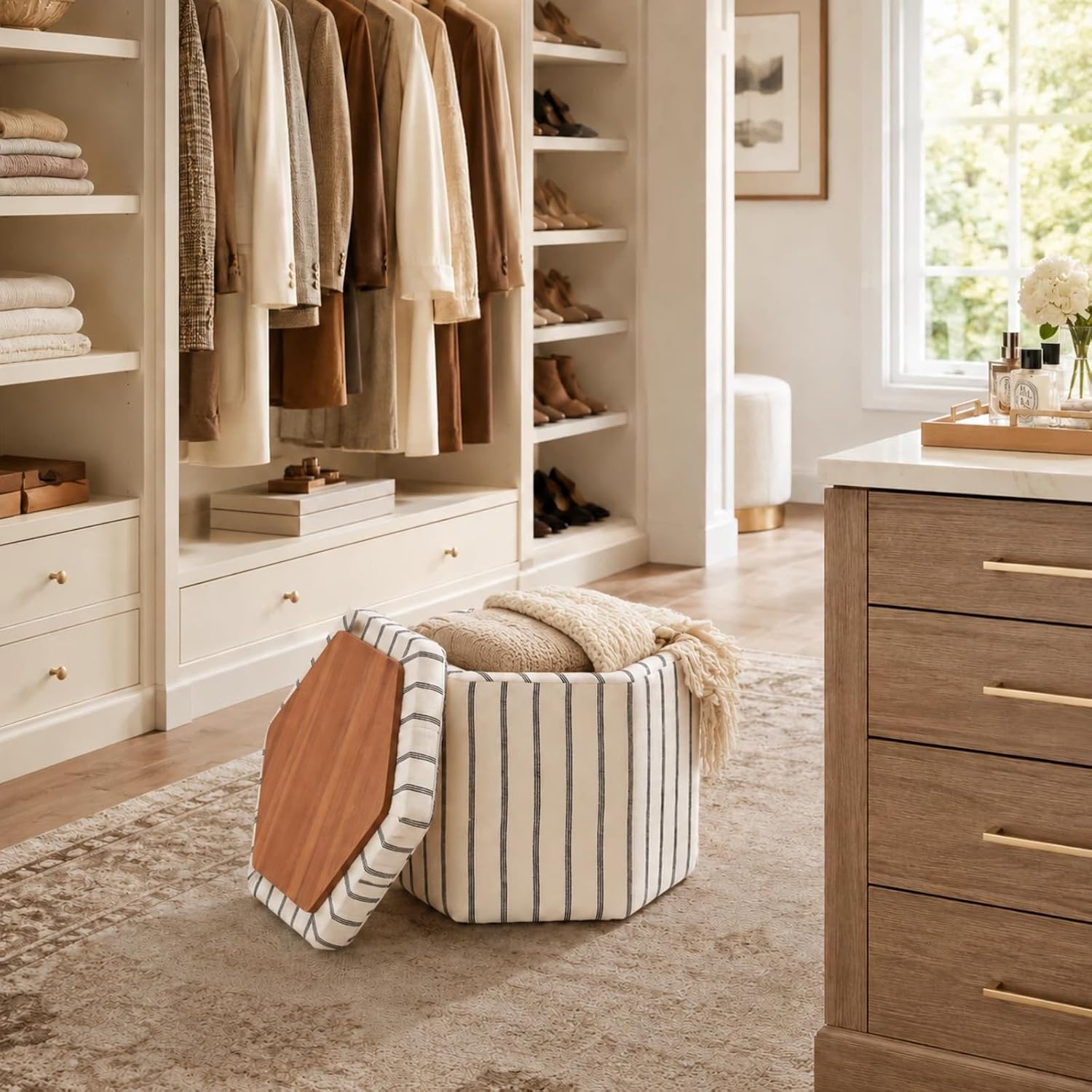 Wimarsbon 18inch Storage Ottoman with Detachable Tray, Multifunctional Mid Century Large Capacity Oversized Striped Boho Unique Linen Ottomans (Hexagon)