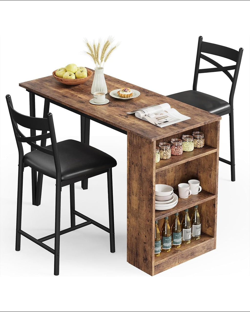 GAOMON 3 Piece Bar Table Set for 2, Bar Table and Chairs Set with with Flip Top Extension, Dining Table Set with Storage Shelves, Suitable for Small Space Kitchen Apartment, Brown
