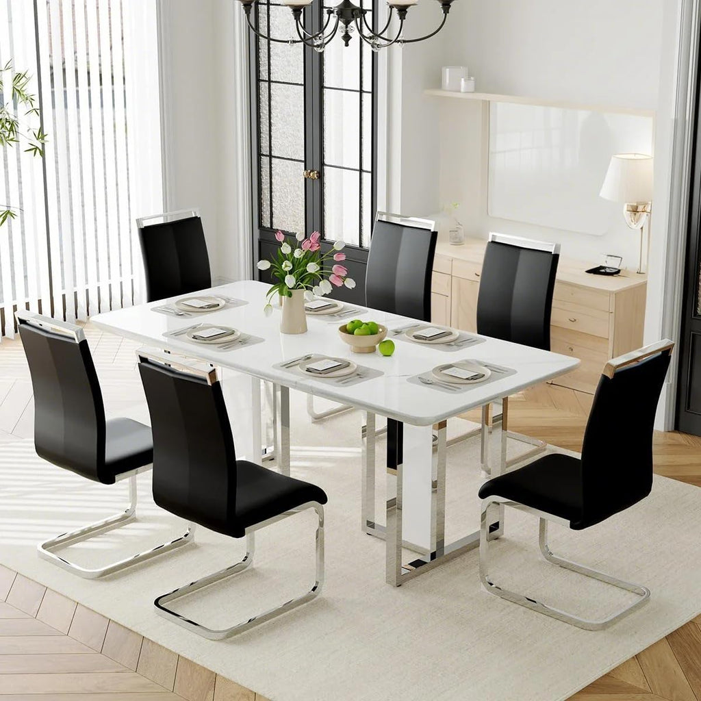 Dining Table Set for 6,63" Faux Marble Dining Room Table Set,High Glossy Dining Tabletop with Sturdy Chrome Leg,White Kitchen Table and Chairs Set for Dining Room,Easy Assemble