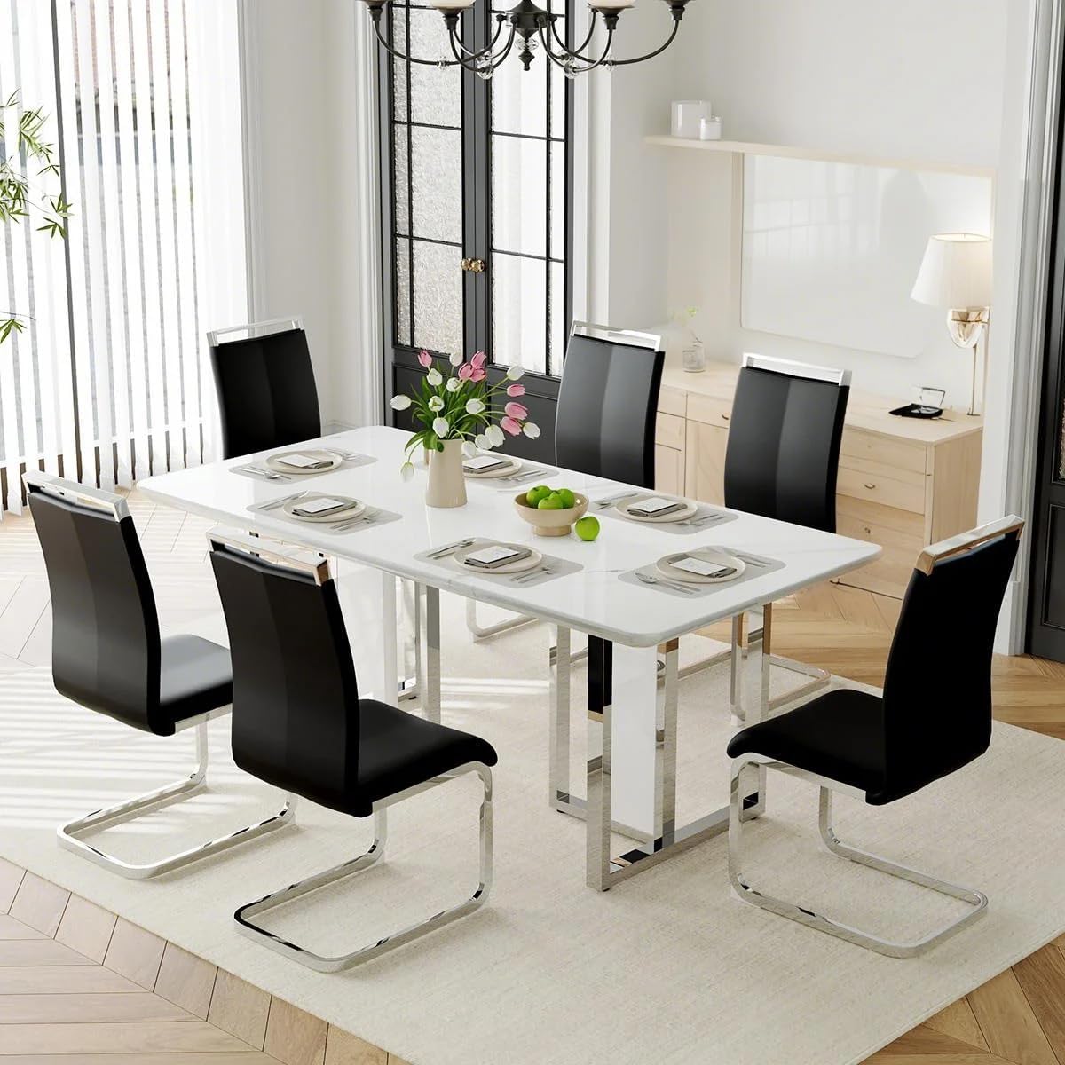 Dining Table Set for 6,63" Faux Marble Dining Room Table Set,High Glossy Dining Tabletop with Sturdy Chrome Leg,White Kitchen Table and Chairs Set for Dining Room,Easy Assemble