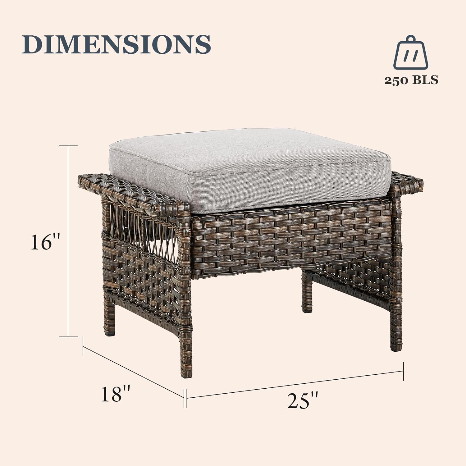 Patio Ottomans 2 Piece Outdoor Wicker Ottomans PE Rattan Footrest with Thickened Cushions Footstools for Garden Sunroom Deck Porch Balcony Poolside, Ottomans(2PCS), Brown|Beige