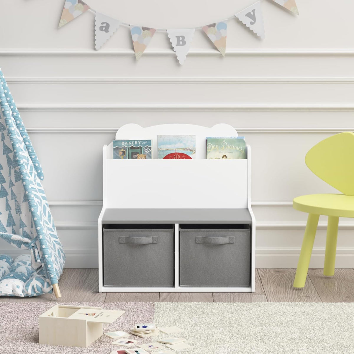 Kids Bookshelf with Chalkboard Side, Bear-Shaped Wooden 3-Tier | Bear-shaped wooden bookcase with 3-tier open shelves and a chalkboard side for drawing; sturdy, kid-safe rounded corners