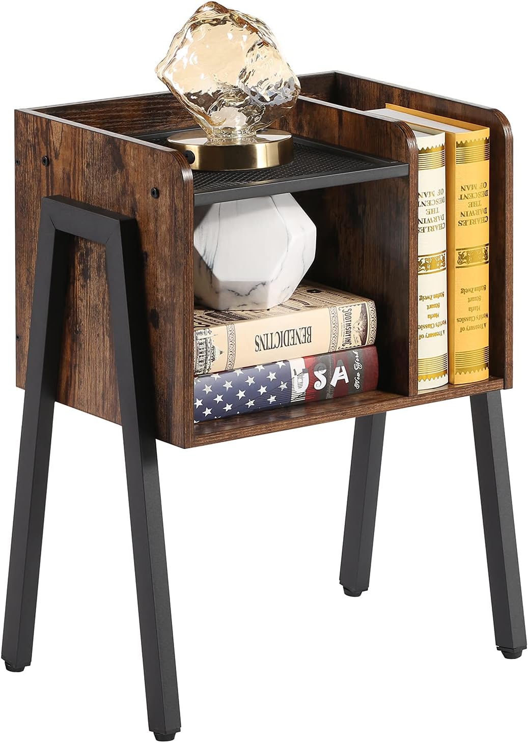 VECELO Night Stand Industrial End Table,Bedside Table with 2-Tier Open Storage Compartments,Wood Side Table with Metal Frame for Bedroom, Living Room and Small Spaces