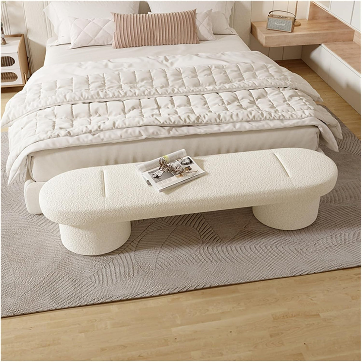 Modern Lamb's Wool Upholstered Bedroom Benches, Modern Tufted Ottoman Stool for Doorway, Living Room, Lock Entryway(White,120 * 40 * 45cm)