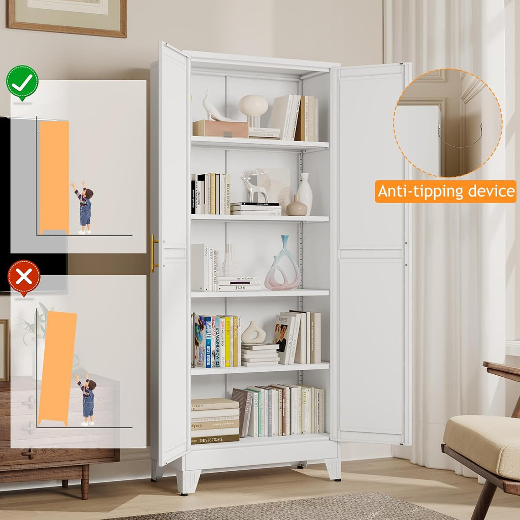 PAOFIN 71" Tall Metal Pantry Storage Cabinet with Doors and 4 Adjustable Shelves, White Kitchen Food Pantry Cabinets, Tall Freestanding Cupboard for Kitchen, Dining Room or Living Room