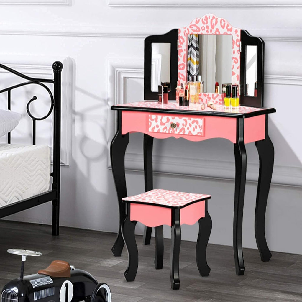 Bonnlo Kids Vanity Set, Modern Princess Vanity Table with Stool, Tri-Folding Mirror Desk for Girls Makeup Dressing Table with Drawer