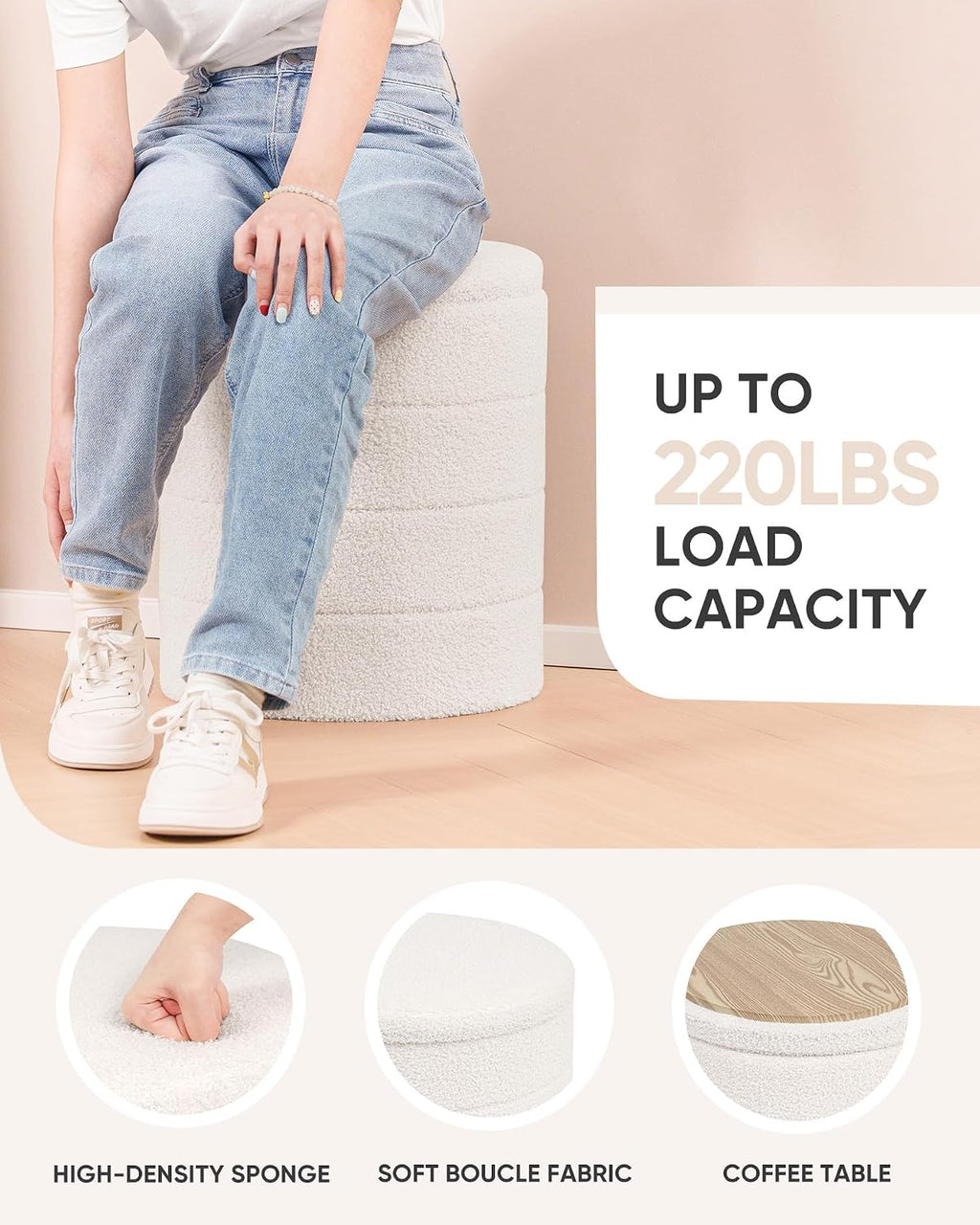 B FSOBEIIALEO Ottoman with Stroage, Round Sherpa Storage Ottoman Stool, Boucle Foot Rest 14.6"x14.6"x17.7"（Cream White