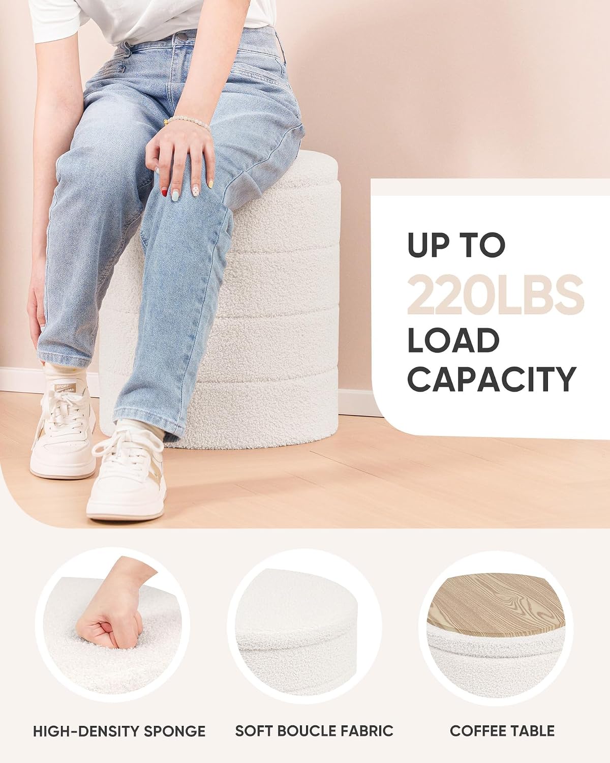 B FSOBEIIALEO Ottoman with Stroage, Round Sherpa Storage Ottoman Stool, Boucle Foot Rest 14.6"x14.6"x17.7"（Cream White