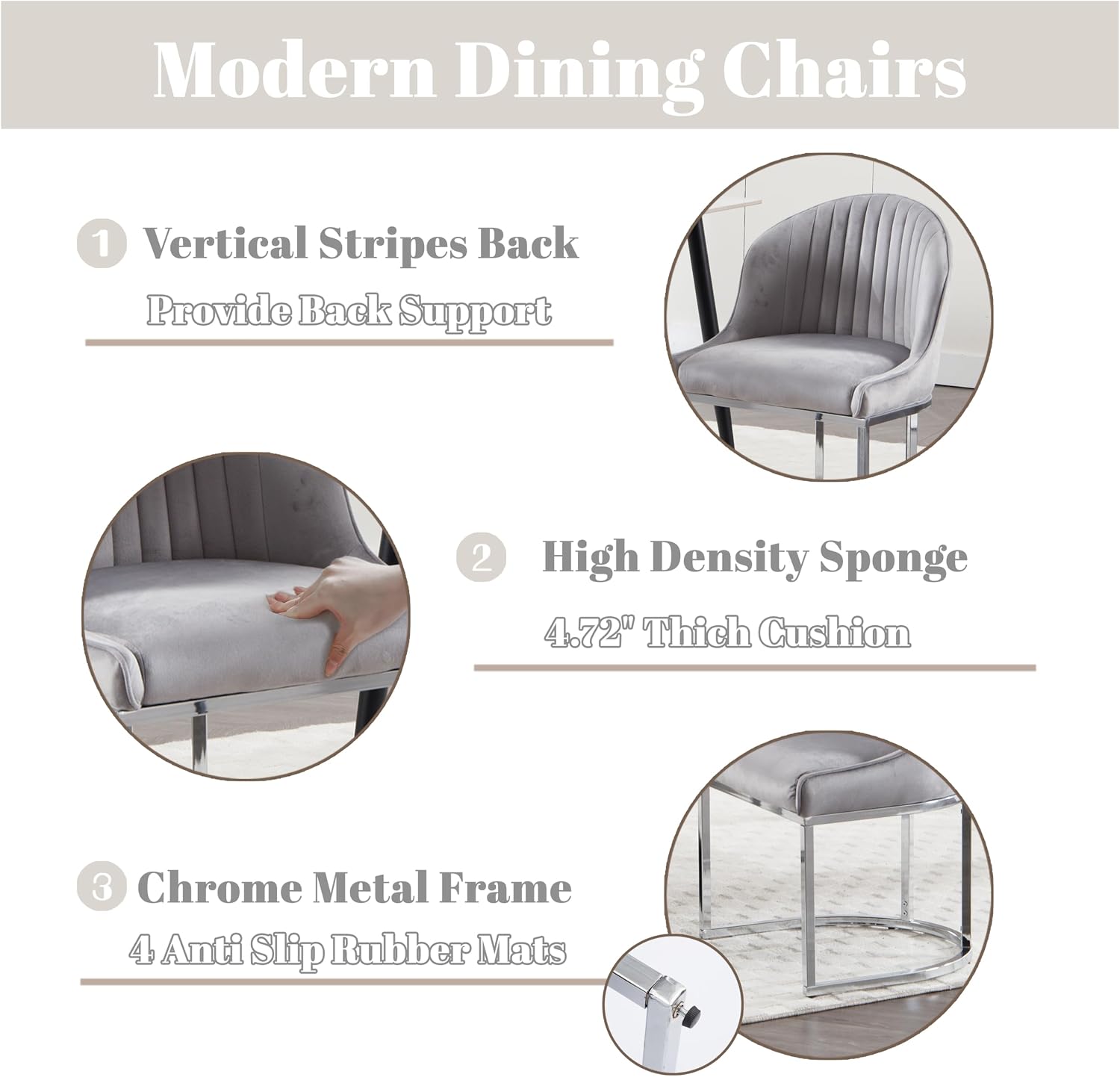 Velvet Dining Chairs Set of 4, Modern Upholstered Barrel Dining Chairs with Chrome U-Shaped Base, 18.5" Wide Accent Chairs Dressing Chair Lounge Chair, Grey