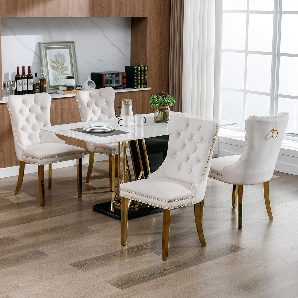 Velvet Dining Chairs Set of 6, Mid Century Tufted Dining Room Chairs with Nailhead Back Ring, Metal Legs, Modern Style for Kitchen, sillas de comedor (Beige, Golden Legs, 6 Pcs)