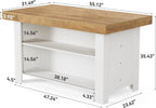 LITTLE TREE 55 Inches Kitchen Island with Storage, 3-Tier Farmhouse Stationary Island Table with Large Worktop & Leg Room, Modern Coffee Bar Table with Storage Shelf for Kitchen, Oak & White