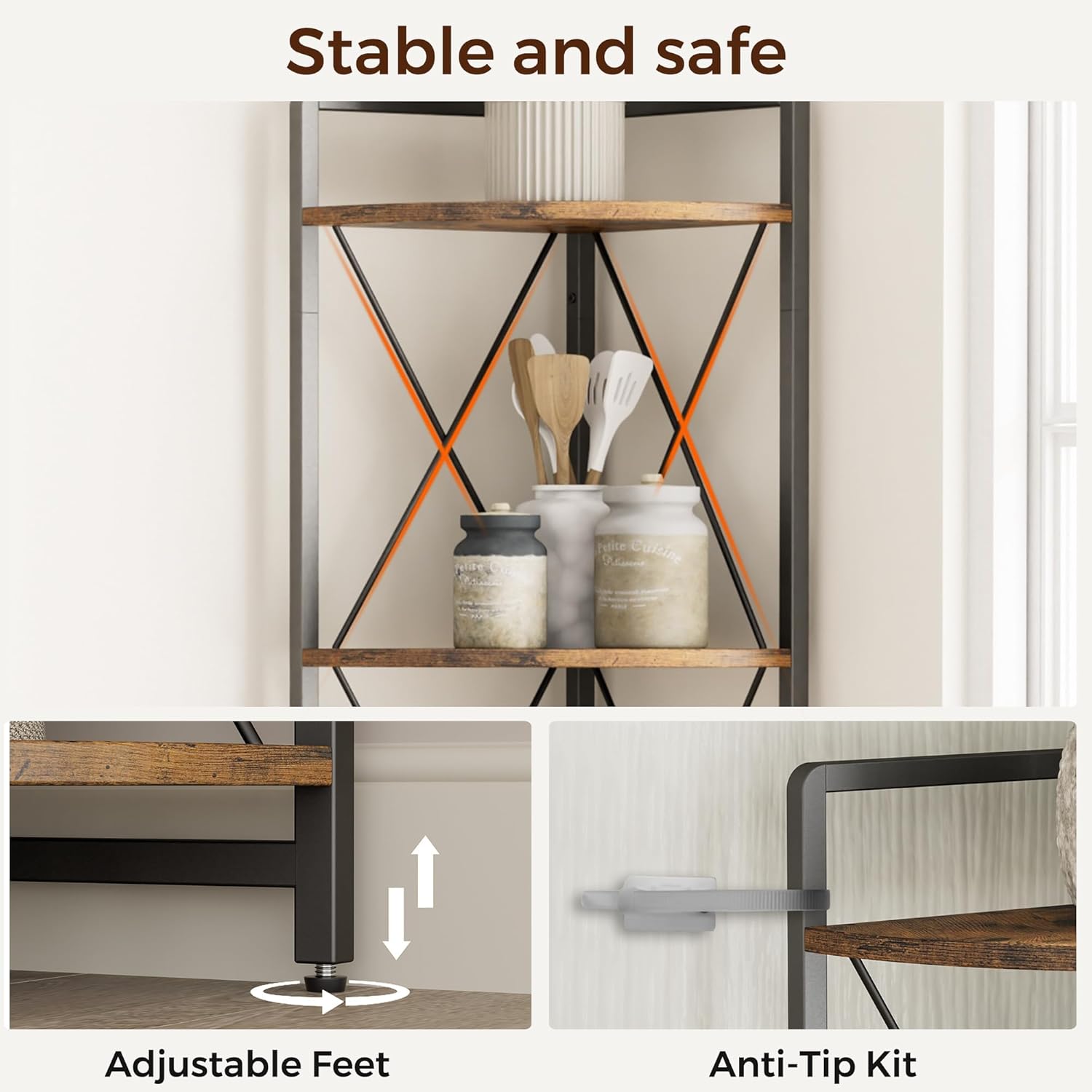6 Tier Corner Shelf Stand, 78" H Tall Industrial Corner Bookshelf for Living Room Decor, Metal Corner Shelf, Plant Stand Display Shelf for Bedroom, Bathroom, Small Space, Rustic Brown