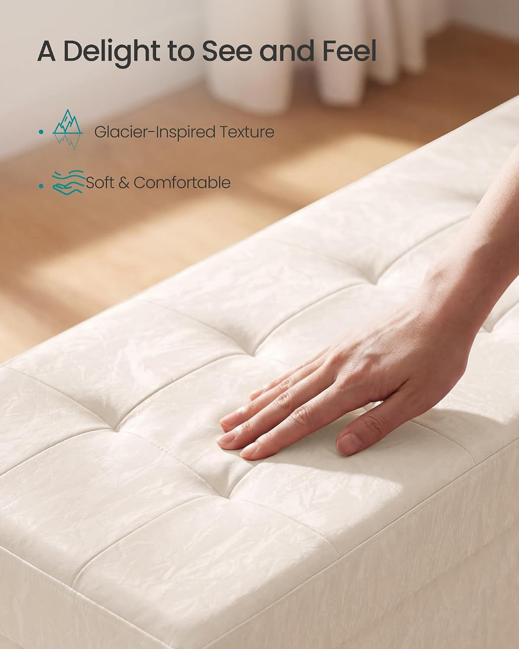 SONGMICS Storage Ottoman Bench, PU Leather Foldable Footrest, Padded Seat | Chest for Bedroom, 43.3 x 15 x 15.7 inches, Light Warm White, MINOTA Collection ULSF524WD01