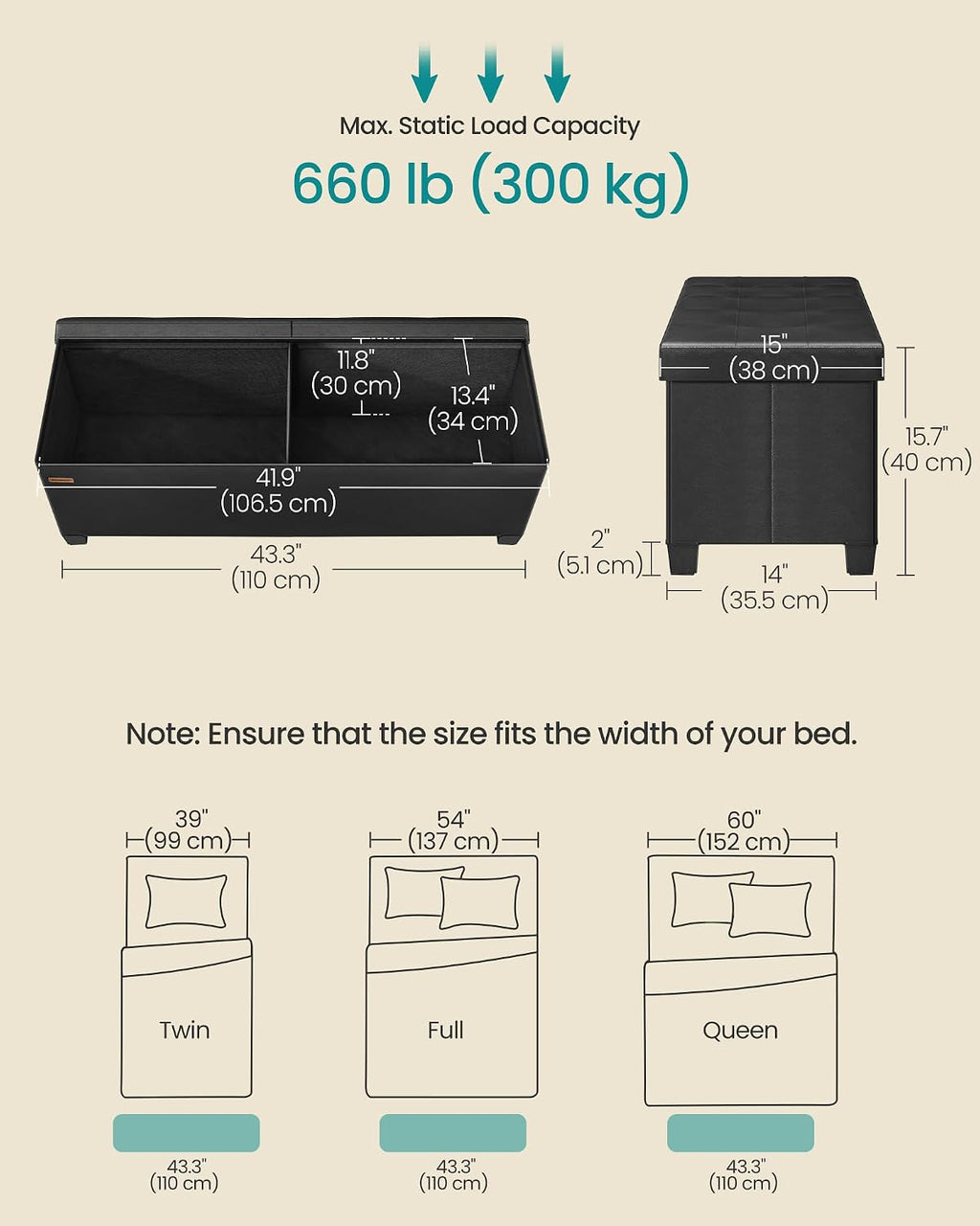 SONGMICS Storage Ottoman Bench with Legs, Flipping Lid, 43.3 Inches | Folding Ottoman Foot Rest, PU Leather, for Living Room, Bedroom, Entryway, Black, Mazie Collection ULSF085BH01