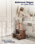 FANATU Wooden Two Step Stool for Adults, Heavy Duty Acacia Wood Bed Step | Compact Bedside Step Stool For Kitchen And Bathroom With Non-Slip Floor Pads, Walnut Finish, Supports Up To 450 Lbs