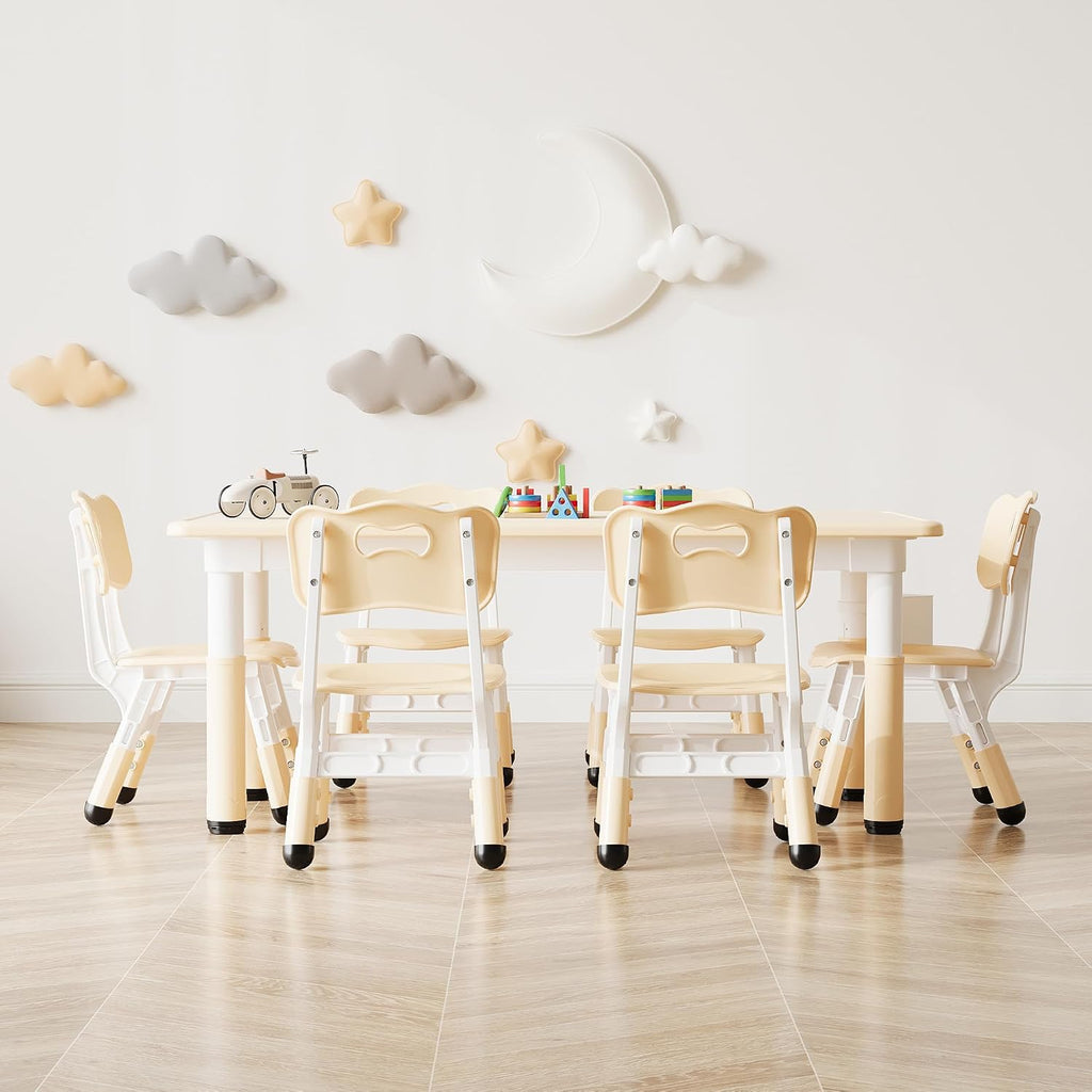 Toddler Table and Chair Set, Height Adjustable Kids Table and 6Chairs, Toddler Activity Table with Storage Boxes,Wipeable Graffiti Wood Grain Desktop,12Water Pens Included for Classroom, Natural Wood