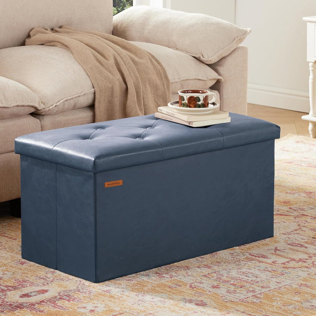 HAUSFRAU - Storage Ottoman Bench, 30 Inches Button Tufted Upholstered Ottoman Footstool with Storage for Living Room Bedroom Entryway, Load 660 lb, Synthetic Leather, Navy Blue