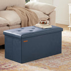 HAUSFRAU - Storage Ottoman Bench, 30 Inches Button Tufted Upholstered Ottoman Footstool with Storage for Living Room Bedroom Entryway, Load 660 lb, Synthetic Leather, Navy Blue