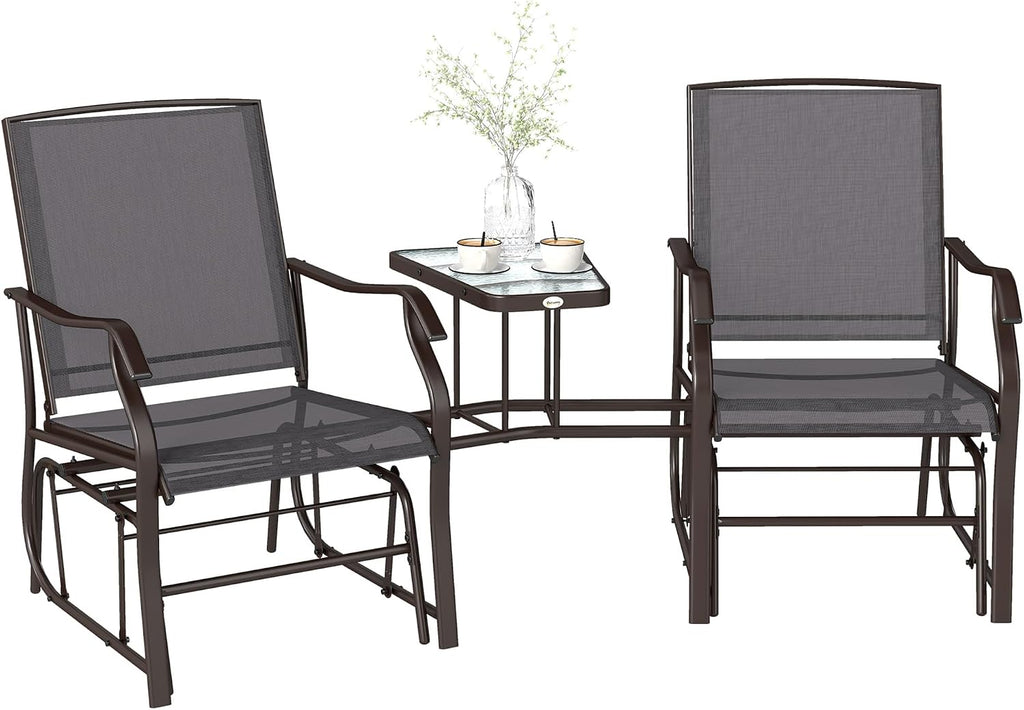 Outsunny Outdoor Glider Chair with Table 2-Seat Patio Loveseat Gray | Rocking Chair Swing Love Seat, Breathable Sling, Backyard Garden Porch