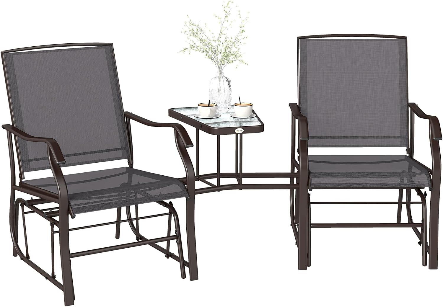 Outsunny Outdoor Glider Chair with Table 2-Seat Patio Loveseat Gray | Rocking Chair Swing Love Seat, Breathable Sling, Backyard Garden Porch