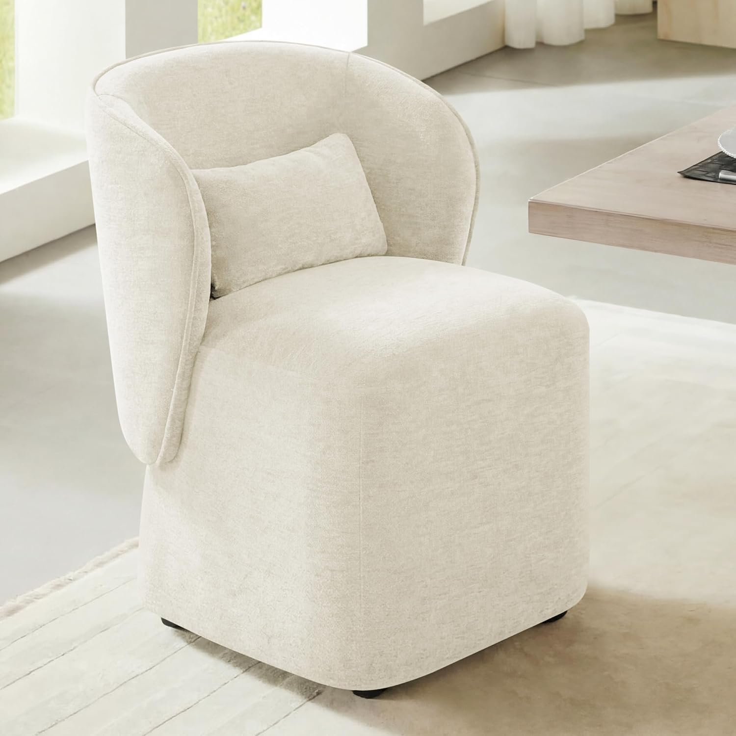 KISLOT Upholstered Dining Chairs with Wheels, Easy Assembly Stain Resistant Fabric Modern Barrel Armchair with Lumbar Cushion, Dining Room Chairs for Kitchen Living Room Bedroom, Beige, Set of 1