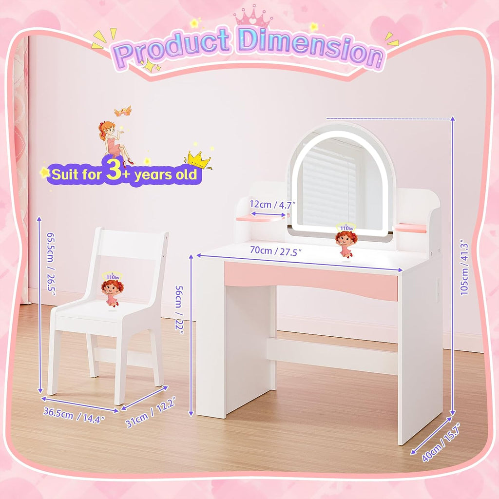 Teckid Kids Vanity Table and Chair Set with Lighted USB Mirror & Shelf | 3-mode USB lighted mirror with USB port. Open bookshelf. Small shelf below. Round corners. Stable stool. Easy to clean