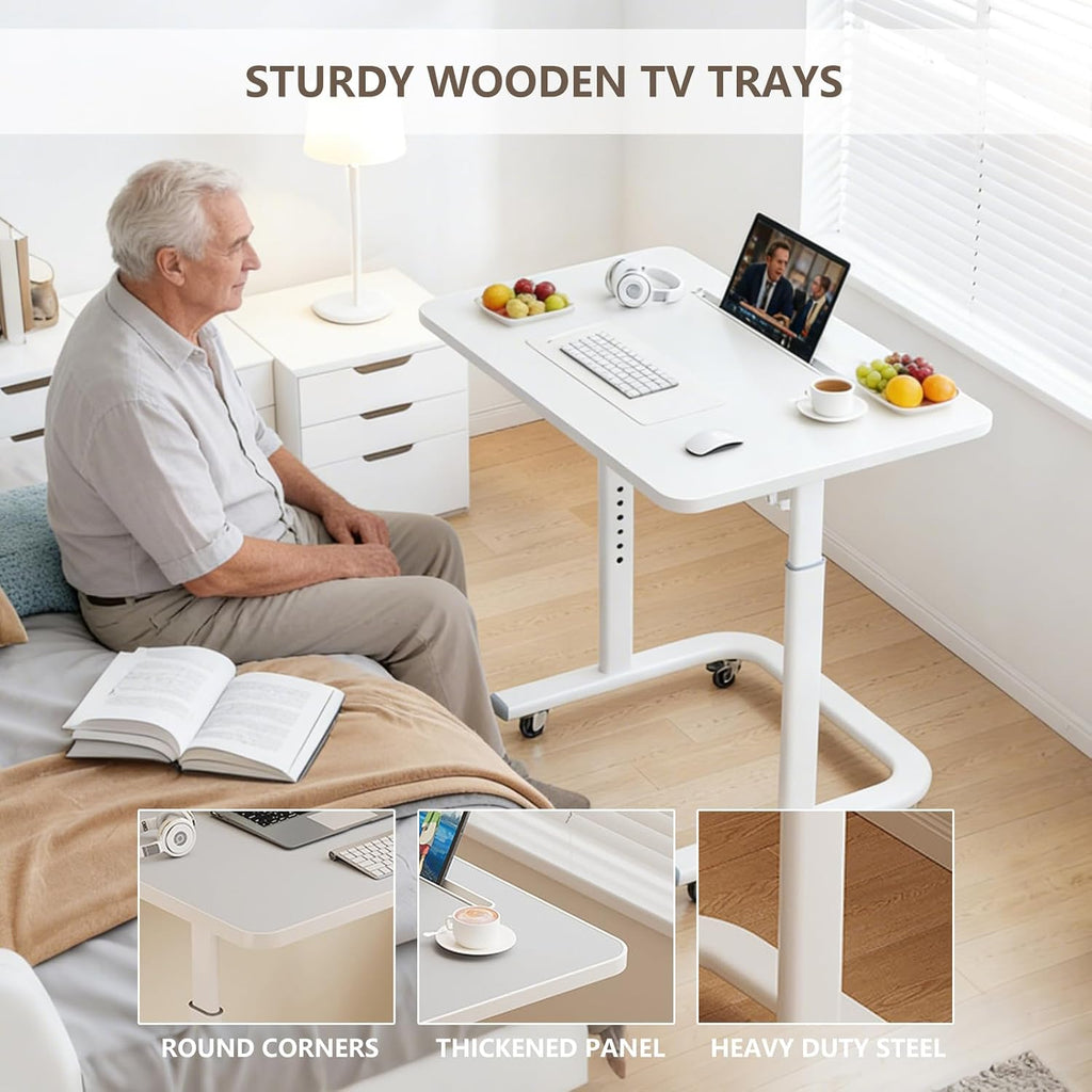 BeGyoku TV Dinner Tray Table,TV Trays for Eating on Couch,Height Adjustable TV Tray Table with Wheels,C Shaped End Table with Slot,Standing Rolling Laptop Desk&Wooden Snack Tray for Bed&Sofa&Recliner