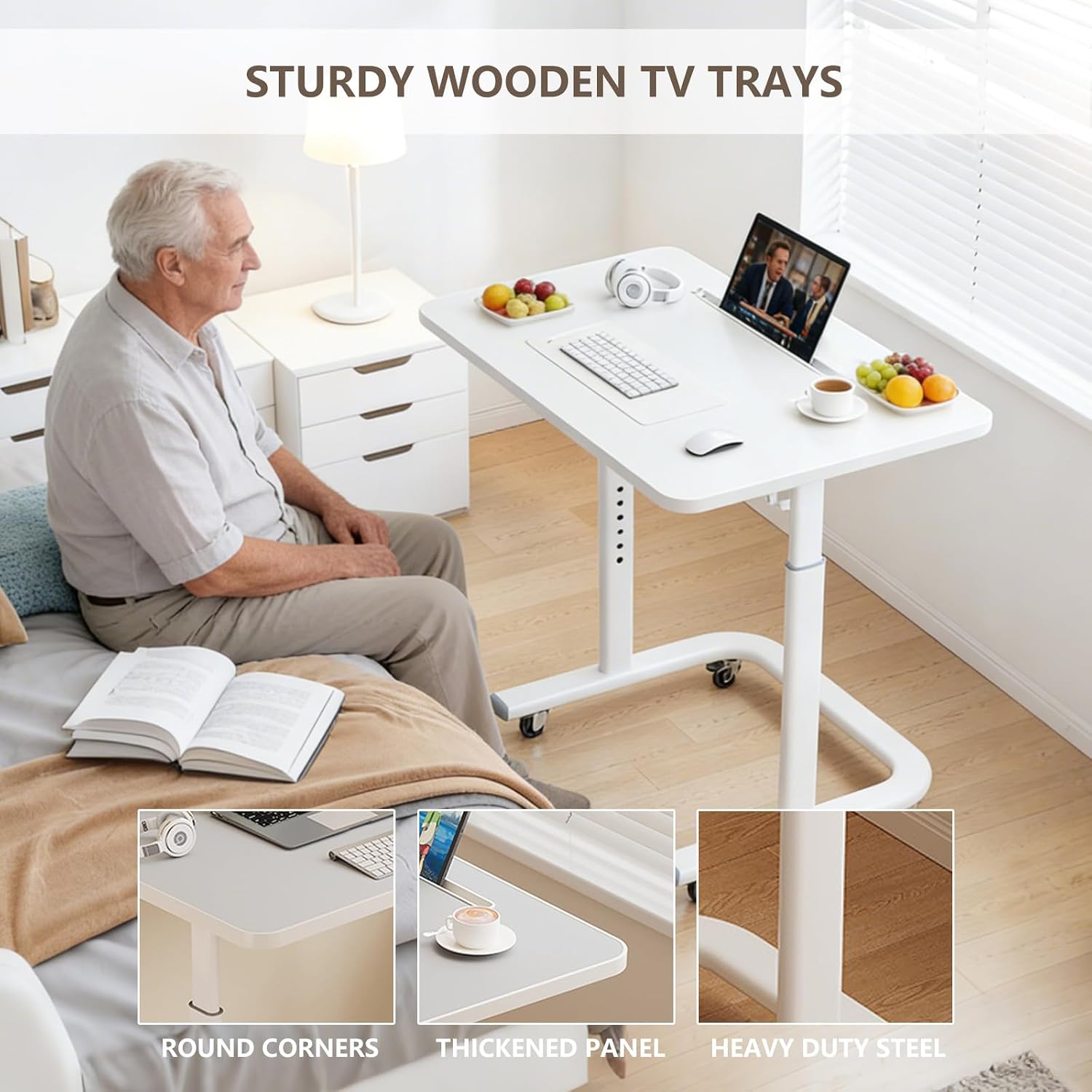 BeGyoku TV Dinner Tray Table,TV Trays for Eating on Couch,Height Adjustable TV Tray Table with Wheels,C Shaped End Table with Slot,Standing Rolling Laptop Desk&Wooden Snack Tray for Bed&Sofa&Recliner
