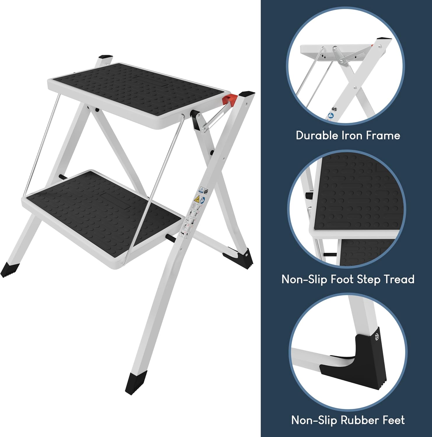 Home Vida 2 Step Ladder Compact, Heavy Duty Steel, Portable Folding, Anti-Slip Mat, Home, Kitchen, DIY, Gardening Step Ladder, 150kg Max Capacity
