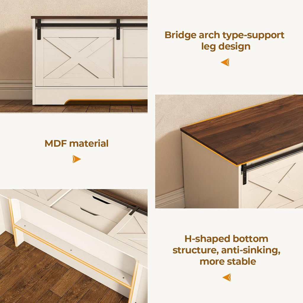 UPOSOJA 60“ Farmhouse Storage Bench with Cushion, Shoe Rack with Slide Barn Doors, Adjustable Shelf and 2 Drawer for Entry, Bedroom, Closet, Living Room, Hallway (White Brown, 60 in)