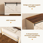UPOSOJA 60“ Farmhouse Storage Bench with Cushion, Shoe Rack with Slide Barn Doors, Adjustable Shelf and 2 Drawer for Entry, Bedroom, Closet, Living Room, Hallway (White Brown, 60 in)
