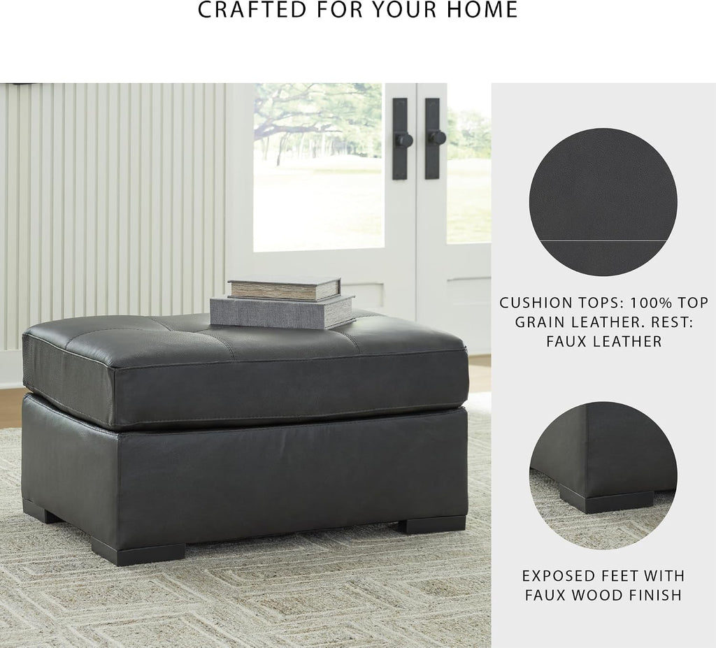 Signature Design by Ashley Brindley Pier Oversized Accent Ottoman, Fully Assembled Rectangular Tufted Footrest, Black Leather and Faux Leather Upholstery, Contemporary Living Room Seating, Fog