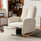 Chair with Footrest High Back Rubber Wood Rocking Legs Bedroom Living Space (Beige + Wood)