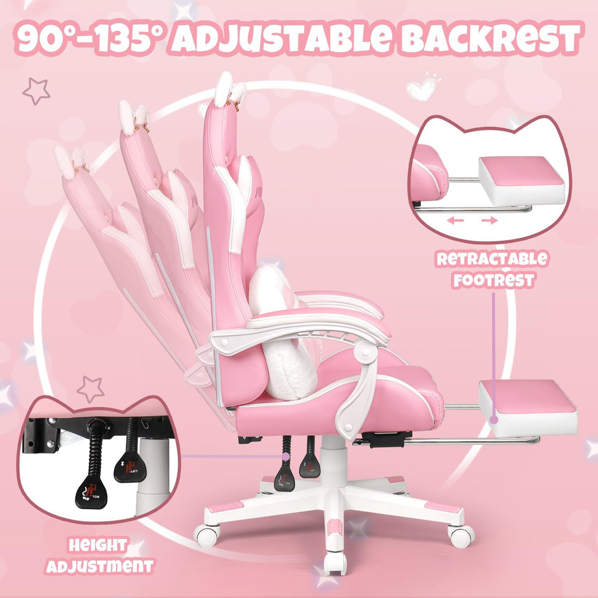 Pink Gaming Chair with Cat Ears & Footrest, Ergonomic Gaming Computer Desk Chair with Cat Paw Lumbar Support & Linked Armrests - Cute PU Leather Game Chair for Girls Adults