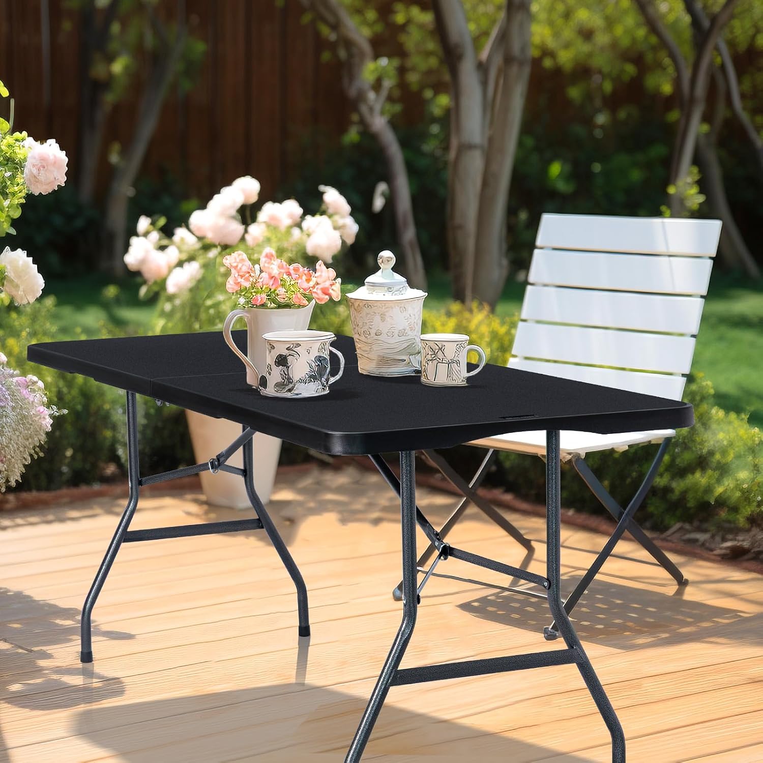 Folding Table 6ft, Heavy Duty Plastic Fold-in-Half Utility Table, Black | Portable Utility Table,HDPE Top,Carry Handle,Sturdy Steel Legs,Indoor Outdoor for Parties,Camping, Dining,Supports 330 lbs