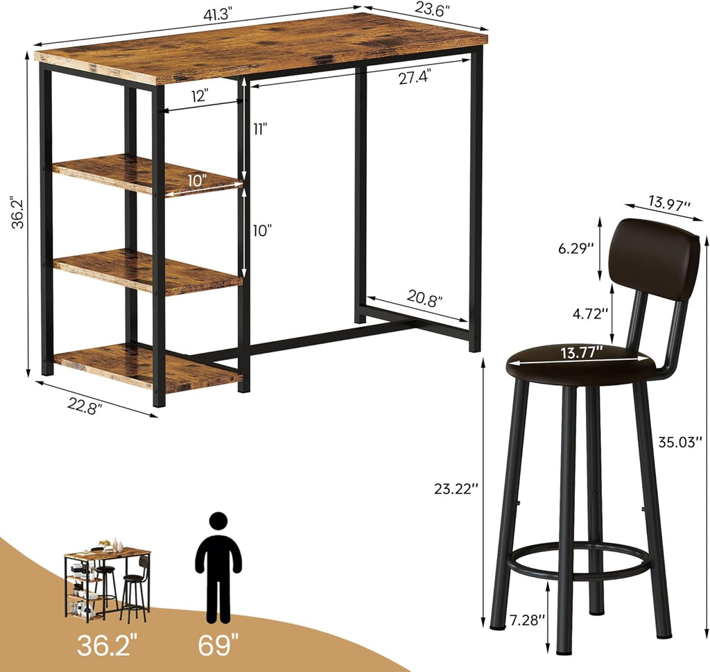 Recaceik Pub Dining Table Set for 2, Table and Bar Stools with 3 Storage Shelves, MDF Board & PU Leather Backrest Chairs, 3 Piece Dining Set for Small Space, Apartment, Kitchen Island, Brown