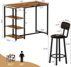 Recaceik Pub Dining Table Set for 2, Table and Bar Stools with 3 Storage Shelves, MDF Board & PU Leather Backrest Chairs, 3 Piece Dining Set for Small Space, Apartment, Kitchen Island, Brown