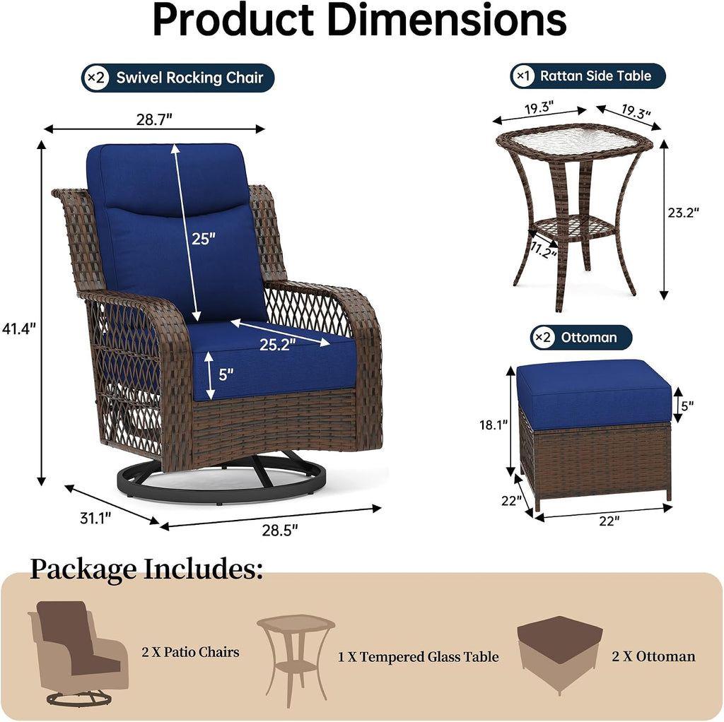 PIZZELLO Outdoor Swivel Rocker Chairs 5 Pieces Wicker Swivel Patio Chair w/Ottomans, Side Table, 5" Extra Thick Cushions and 25" Full Support Back, Patio Furniture Set for Outside Backyard