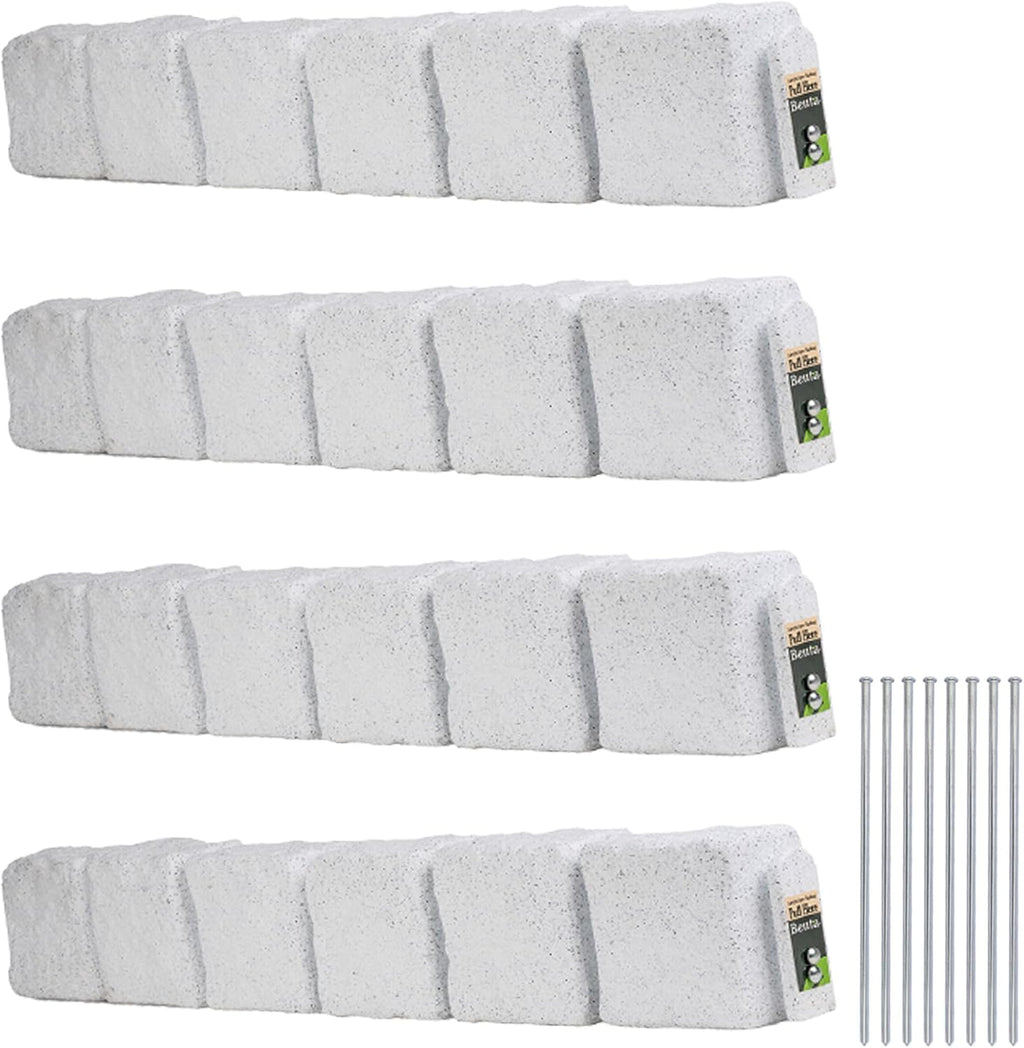 Beuta Landscape Edging | Garden Edging Border | Faux Stone Blocks for Lawn Edging, Flower Beds & Yard Edging – 4 Pack | Each Section Has 6 Blocks 48" L x 4" W x 6.5" H | 8 Spikes | Limewash